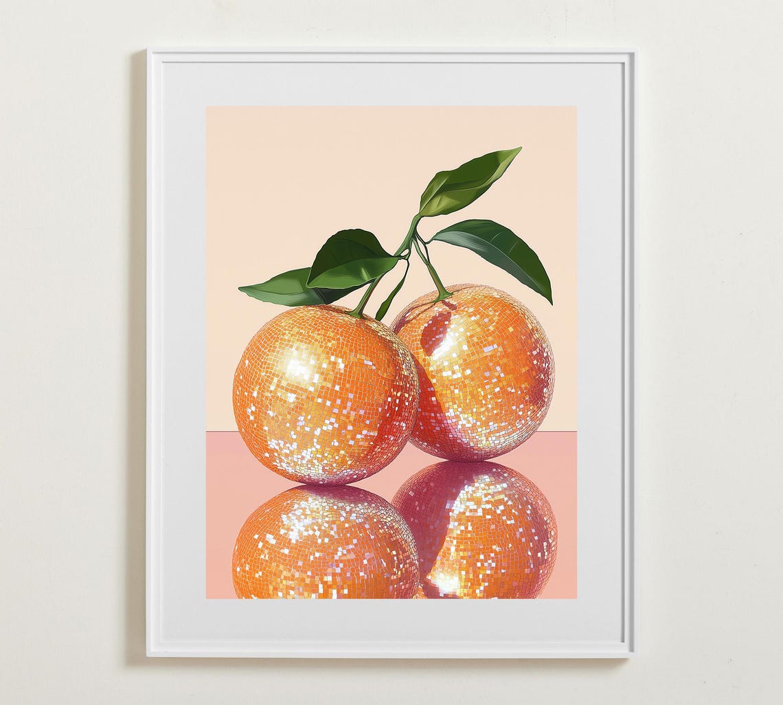 Disco Ball Oranges Glam Preppy Fruit Still Life Kitchen Poster