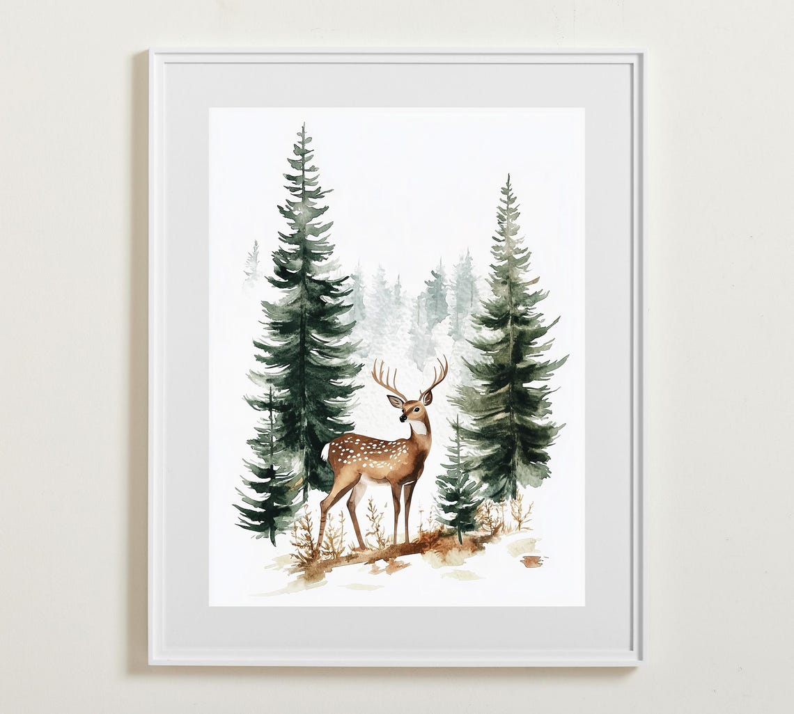 Watercolor Deer in Pine Forest Minimalist Woodland Animal Poster