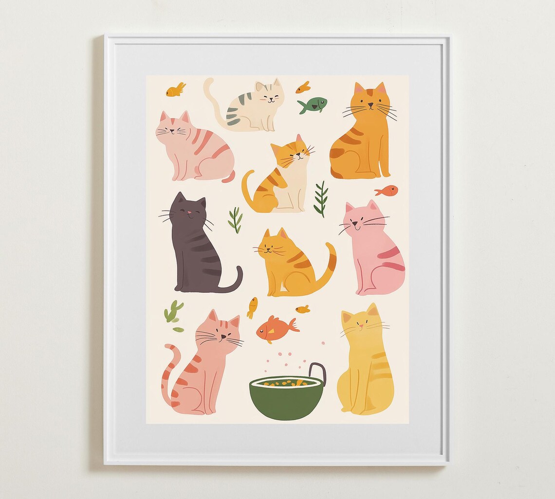 Cute Cat Collection Colorful Kitten Group Fish Bowl Whimsical Nursery Poster