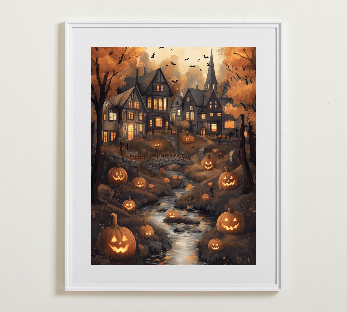 Halloween Village Jack O Lanterns Glowing Stream Church Spooky Folk Art Poster