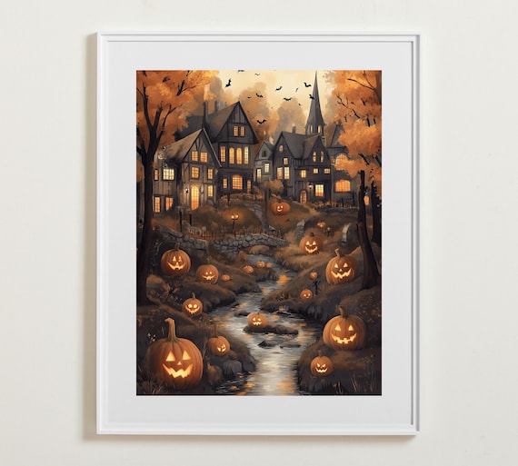 Halloween Village Jack O Lanterns Glowing Stream Church Spooky Folk Art Poster