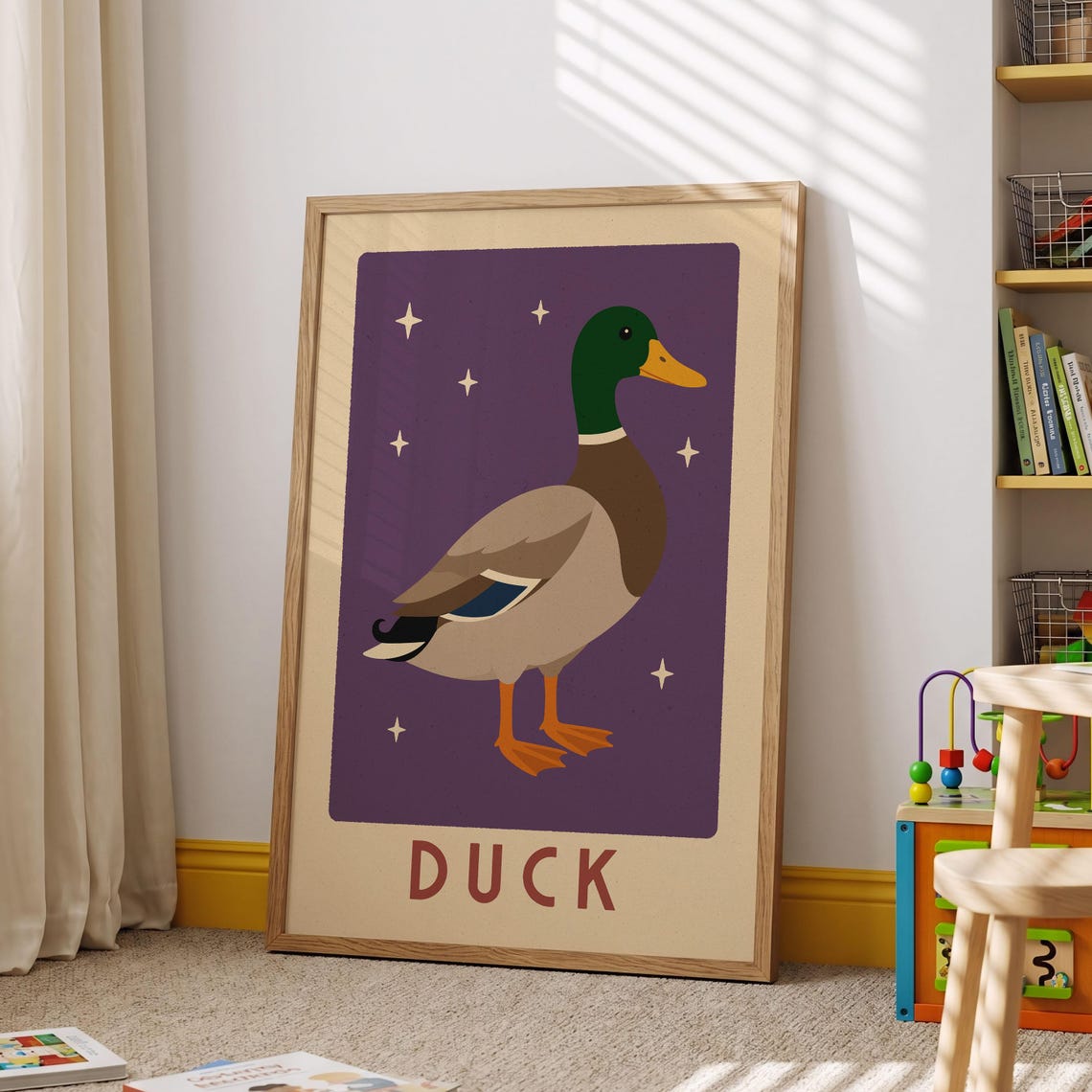 Retro Mallard Duck Standing Purple Pond Animal Kids Room Poster