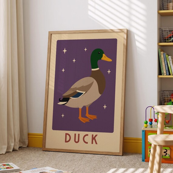 Retro Mallard Duck Standing Purple Pond Animal Kids Room Poster