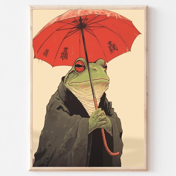 Japanese Frog in Kimono with Red Umbrella Woodblock Style Art Poster
