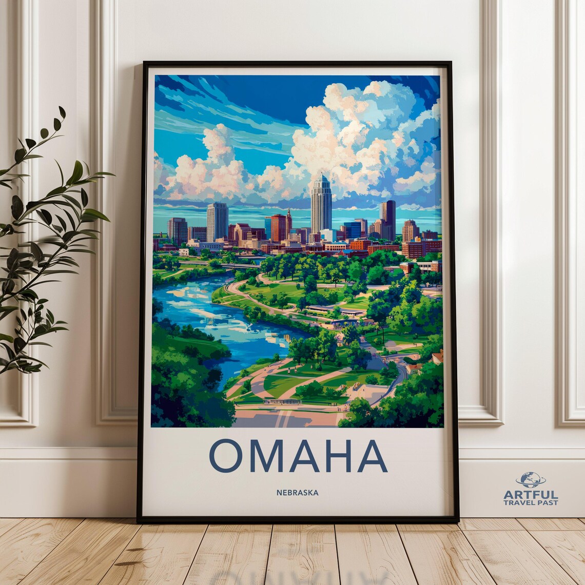 Omaha Nebraska Skyline River Sunset Modern City Travel Poster
