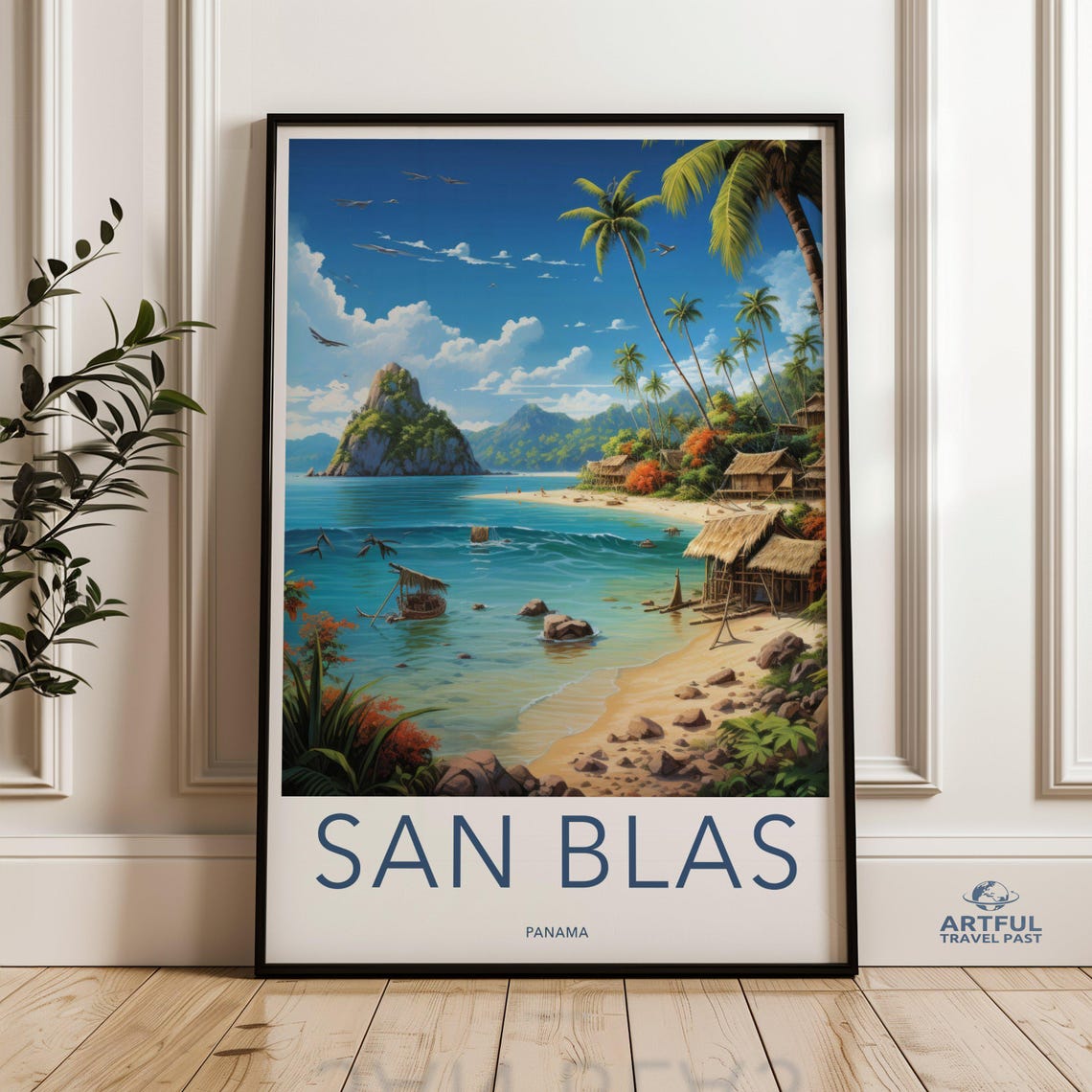 San Blas Panama Travel Poster Tropical Beach Huts Palms Scene