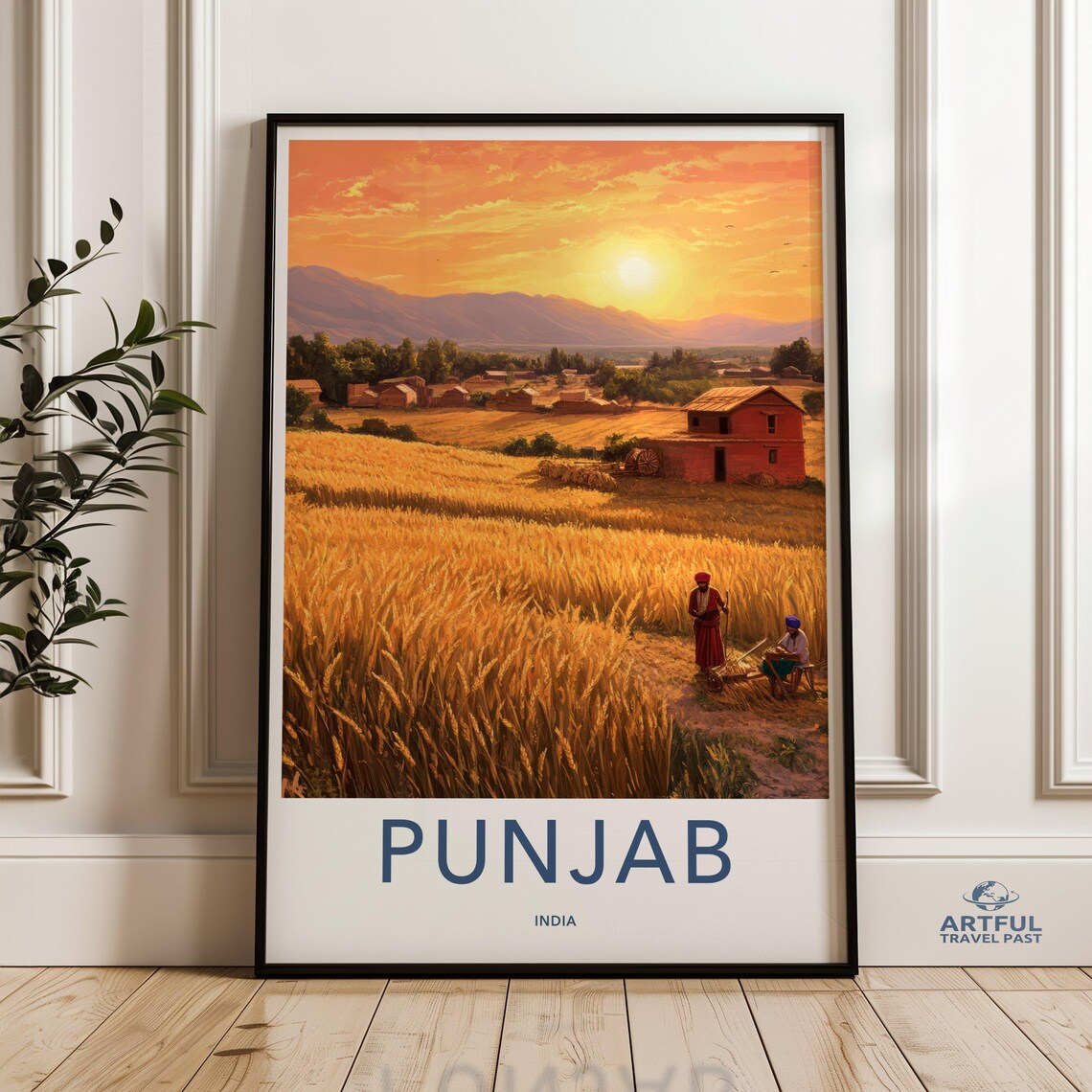 Punjab India Golden Wheat Fields Sunset Farmhouse Travel Poster