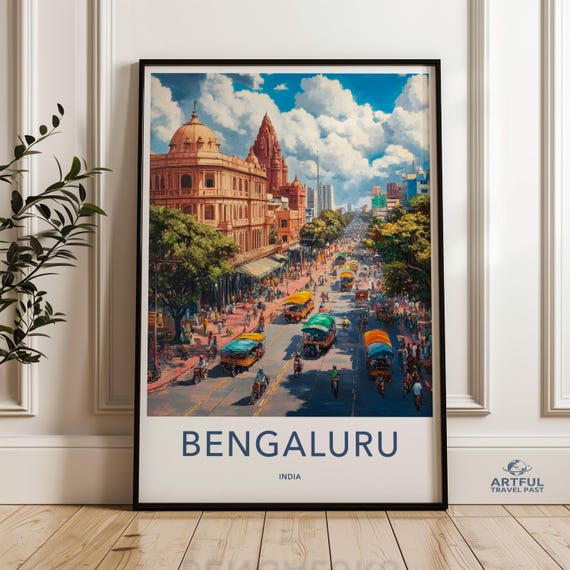 Bengaluru India Street Life Wall Art Colorful Cityscape Artwork Vibrant Urban Scene Print City Poster Architectural Decor