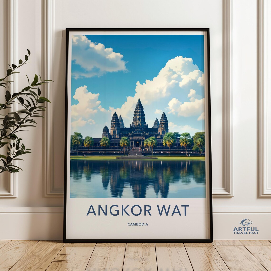 Angkor Wat Cambodia Temple Reflection Vintage Travel Poster Art