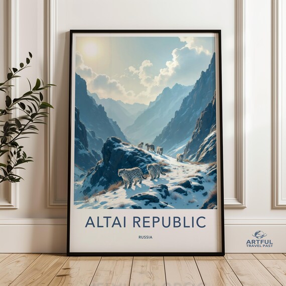 Breathtaking Altai Republic Snow Leopard Landscape Wall Art Poster Mountainous Wilderness Nature Print Russian Scenic Artwork