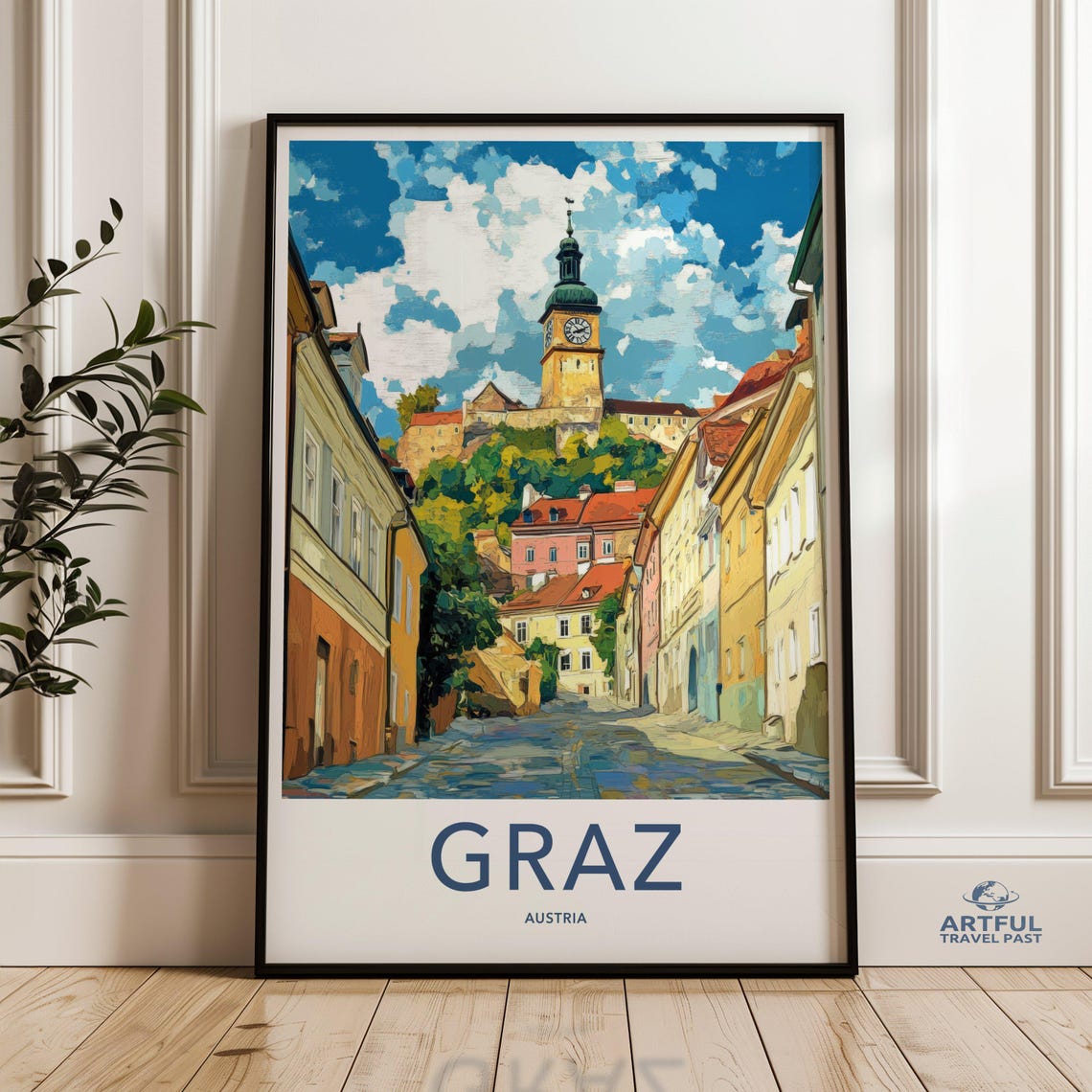 Graz Austria Travel Poster Old Town Clock Tower Cobblestone Street Art