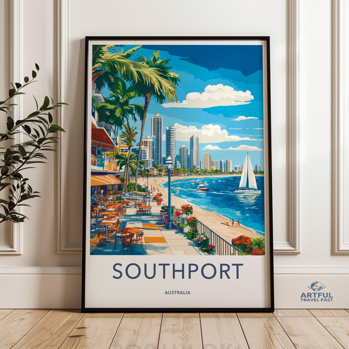 Southport Australia Beach Skyline Sailboat Retro Travel Poster