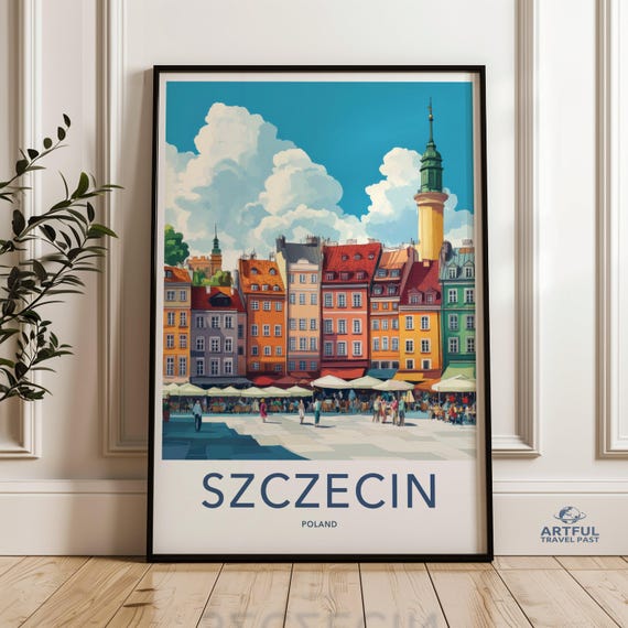 Szczecin Wall Art Vintage Travel Poster Colorful Cityscape Print Poland Decor European Urban Artwork Vibrant Architecture