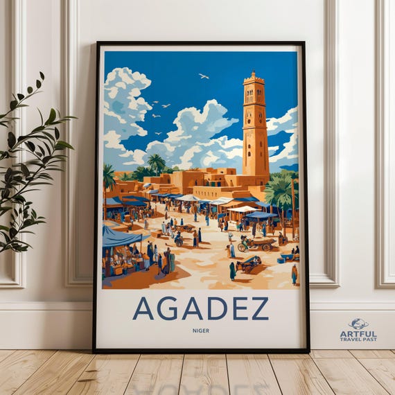 Agadez Wall Art Vibrant Market Scene Poster Niger Travel Print African Tower Illustration Colorful Cityscape Decor
