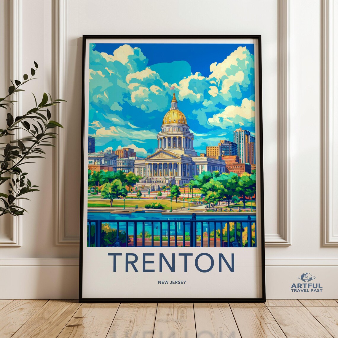 Trenton New Jersey Golden Dome Capitol Colorful Travel Poster Art