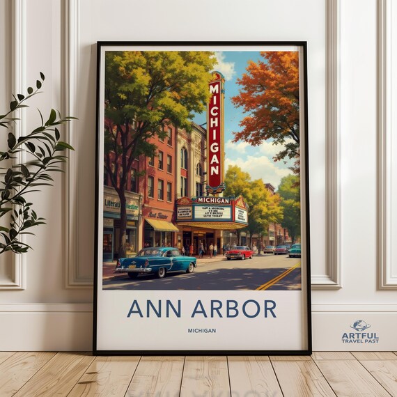 Ann Arbor Michigan Theater Marquee Autumn Street Vintage Travel Poster