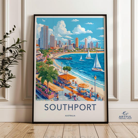 Southport Australia Wall Art Cityscape Print Beach Scene Poster Australian Travel Coastal Decor Nautical Sailboat