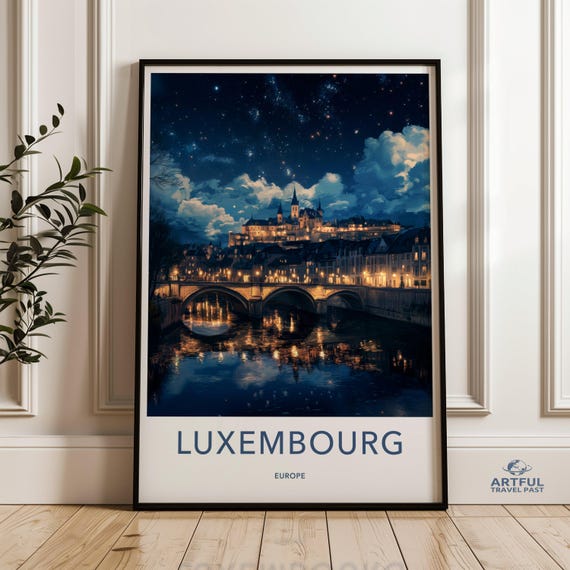 Luxembourg Wall Art Europe Print Night Stars Reflection Cityscape Travel Poster Home Decor Unique Gift Vintage Style Modern