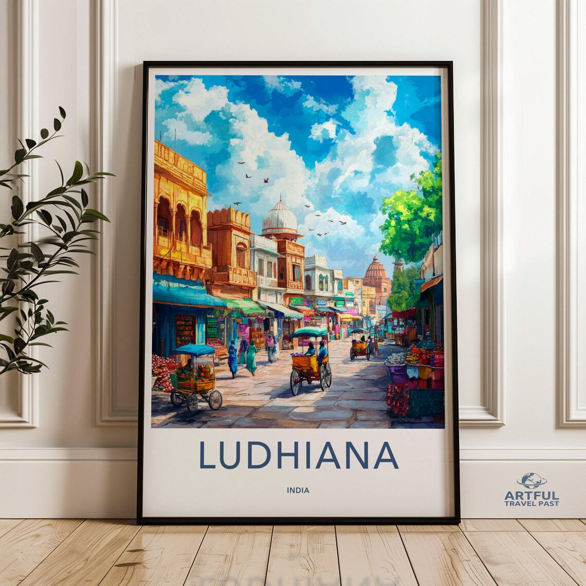 Ludhiana India Market Street Rickshaws Colorful Bazaar Art Poster