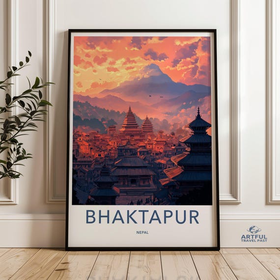 Bhaktapur Nepal Cityscape Wall Art Kathmandu Valley Skyline Poster Sunset Over Temples Print Himalayan Architecture Decor