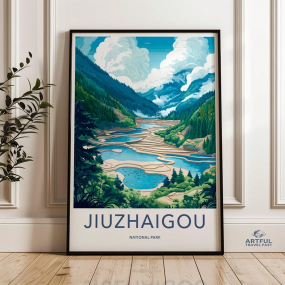 Jiuzhaigou National Park Wall Art Print Nature Scenic Landscape Poster Travel Destination Illustration Home Decor Artwork