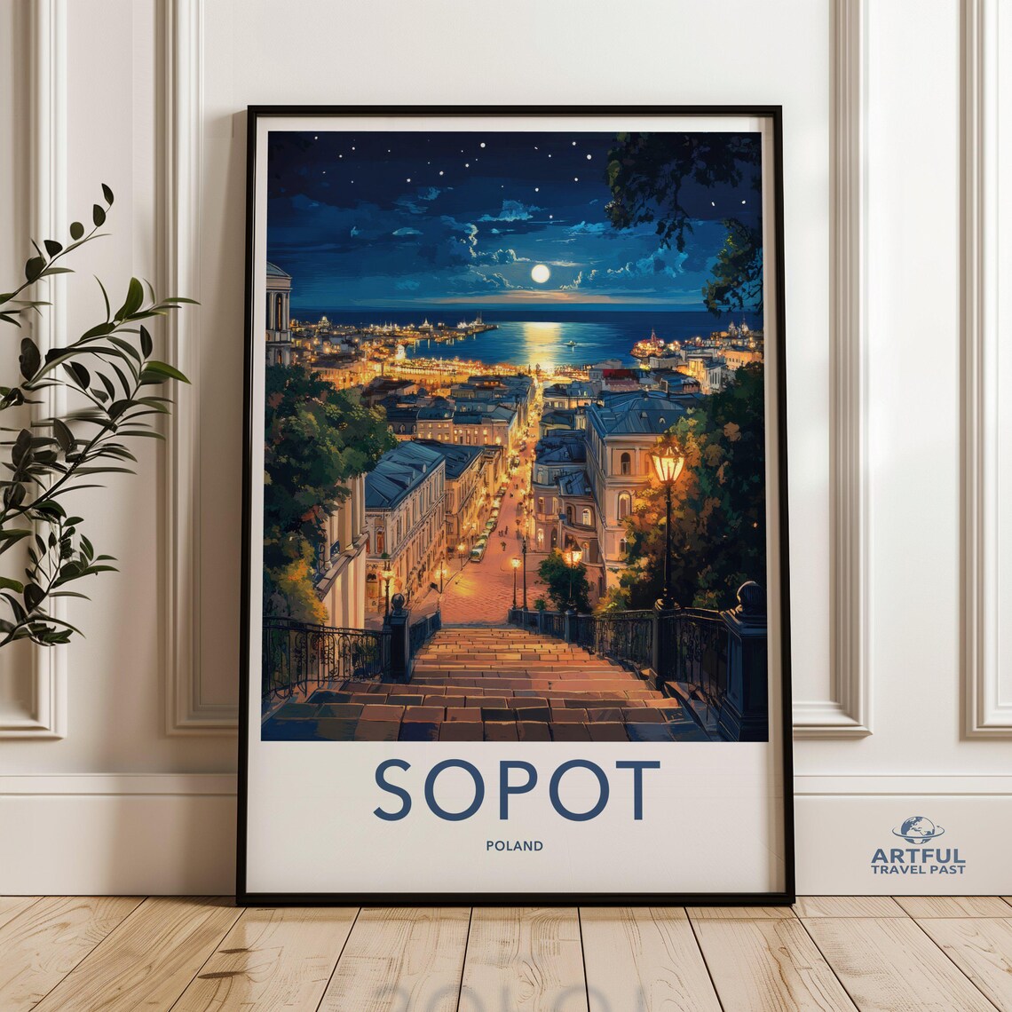 Sopot Poland Night Moonlit Sea Lamp Lit Street Travel Poster