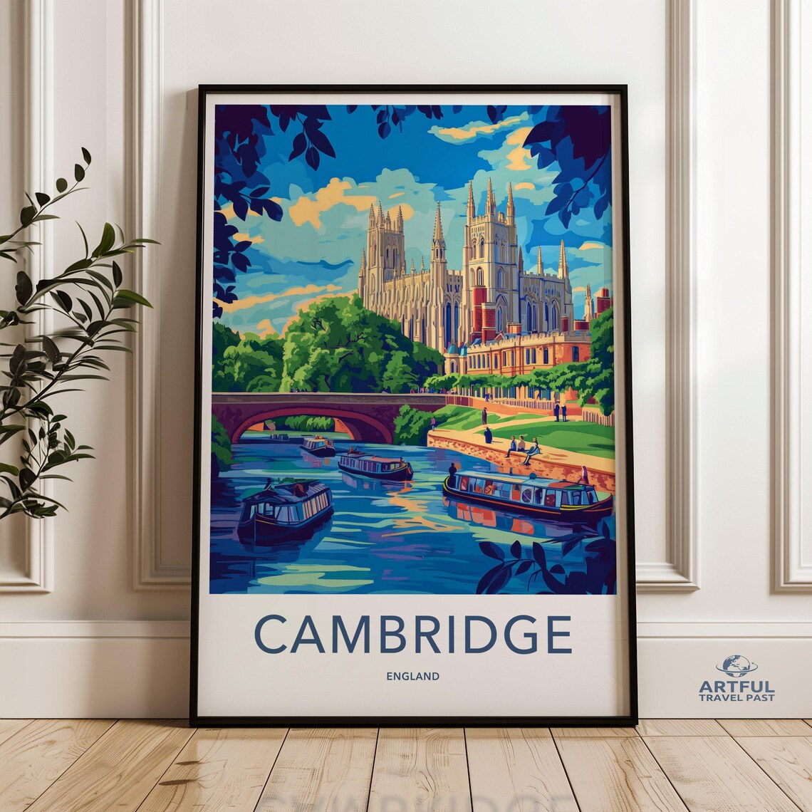 Cambridge England River Cam Punts Chapel Bridge Colorful Travel Poster