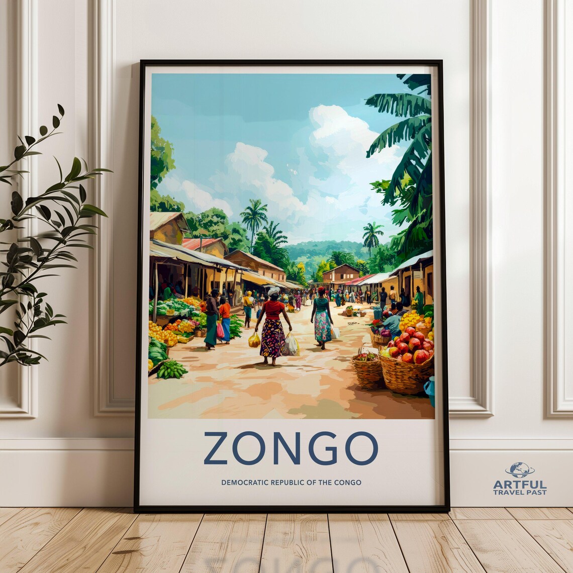 Zongo Congo African Market Scene Vintage Cultural Travel Poster