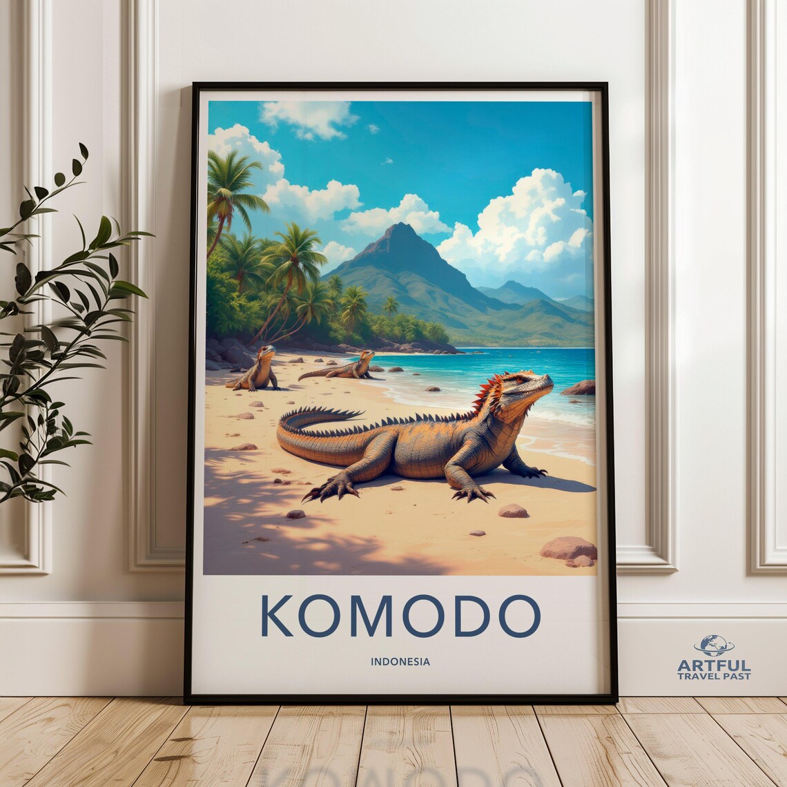 Komodo Indonesia Komodo Dragons Tropical Beach Vintage Travel Poster