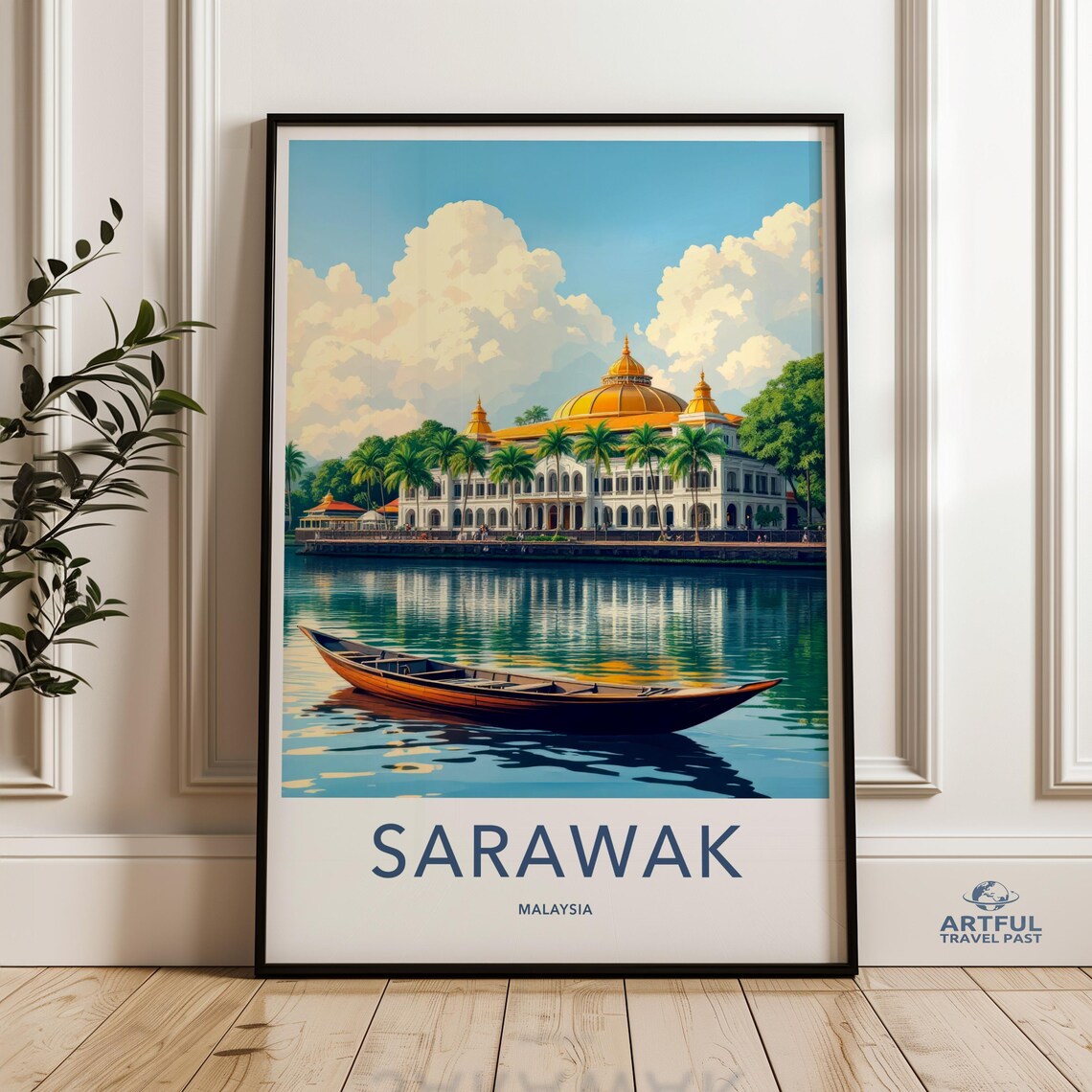 Sarawak Malaysia Riverside Golden Dome Vintage Travel Poster