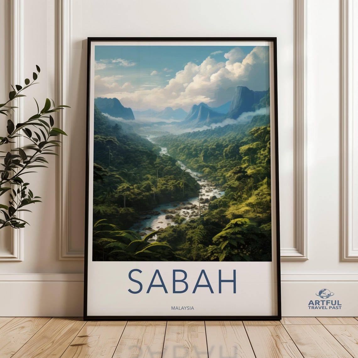 Sabah Malaysia Rainforest River Valley Misty Mountains Travel Poster