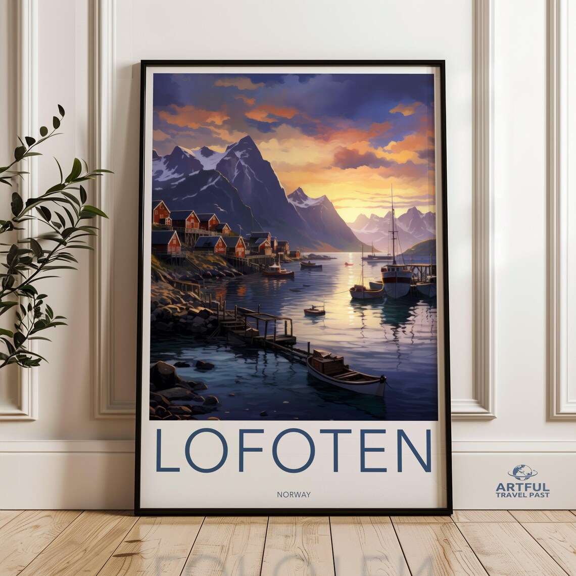 Lofoten Norway Sunset Fishing Village Mountain Fjord Travel Poster