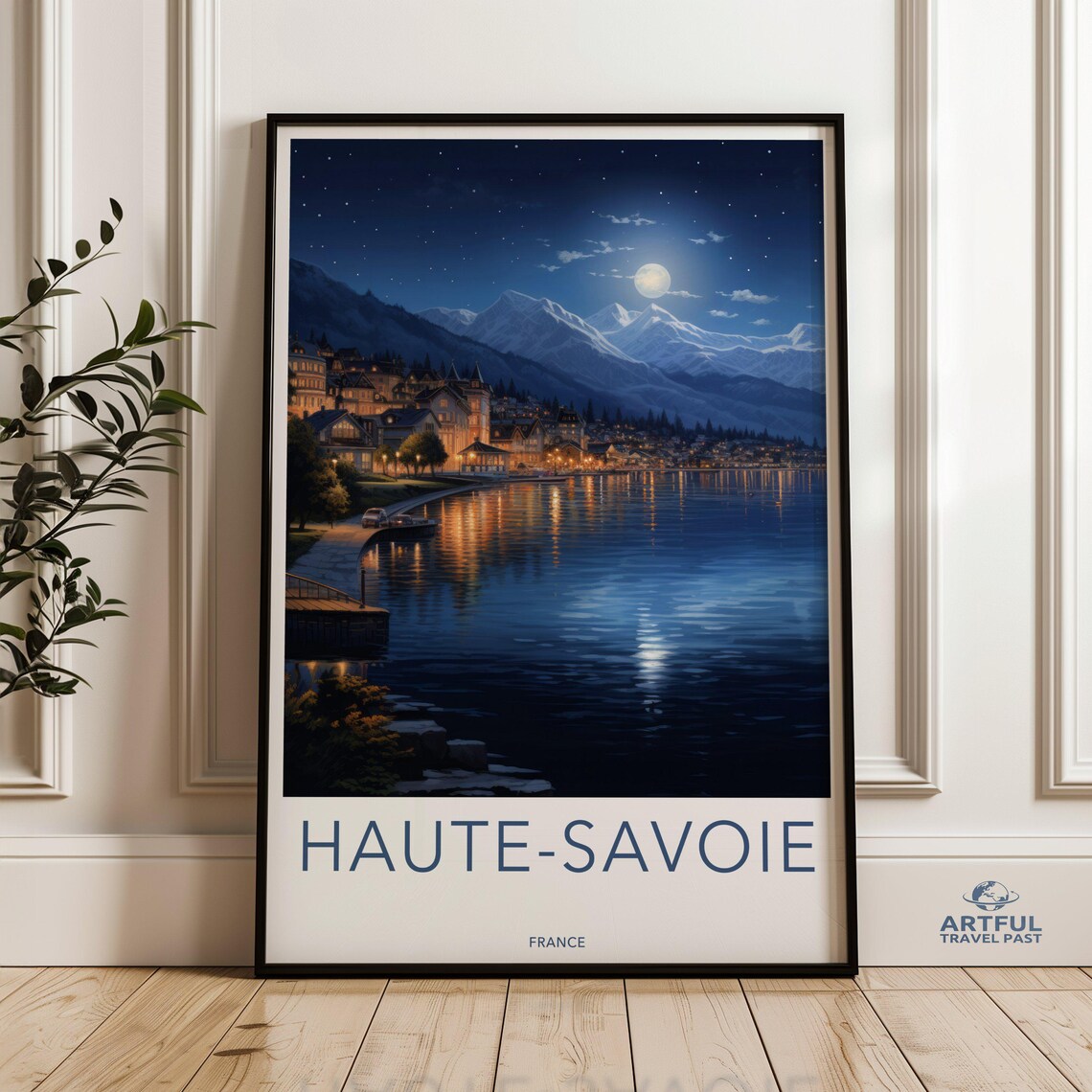 Haute Savoie France Moonlit Lake Mountain Town Night Travel Poster