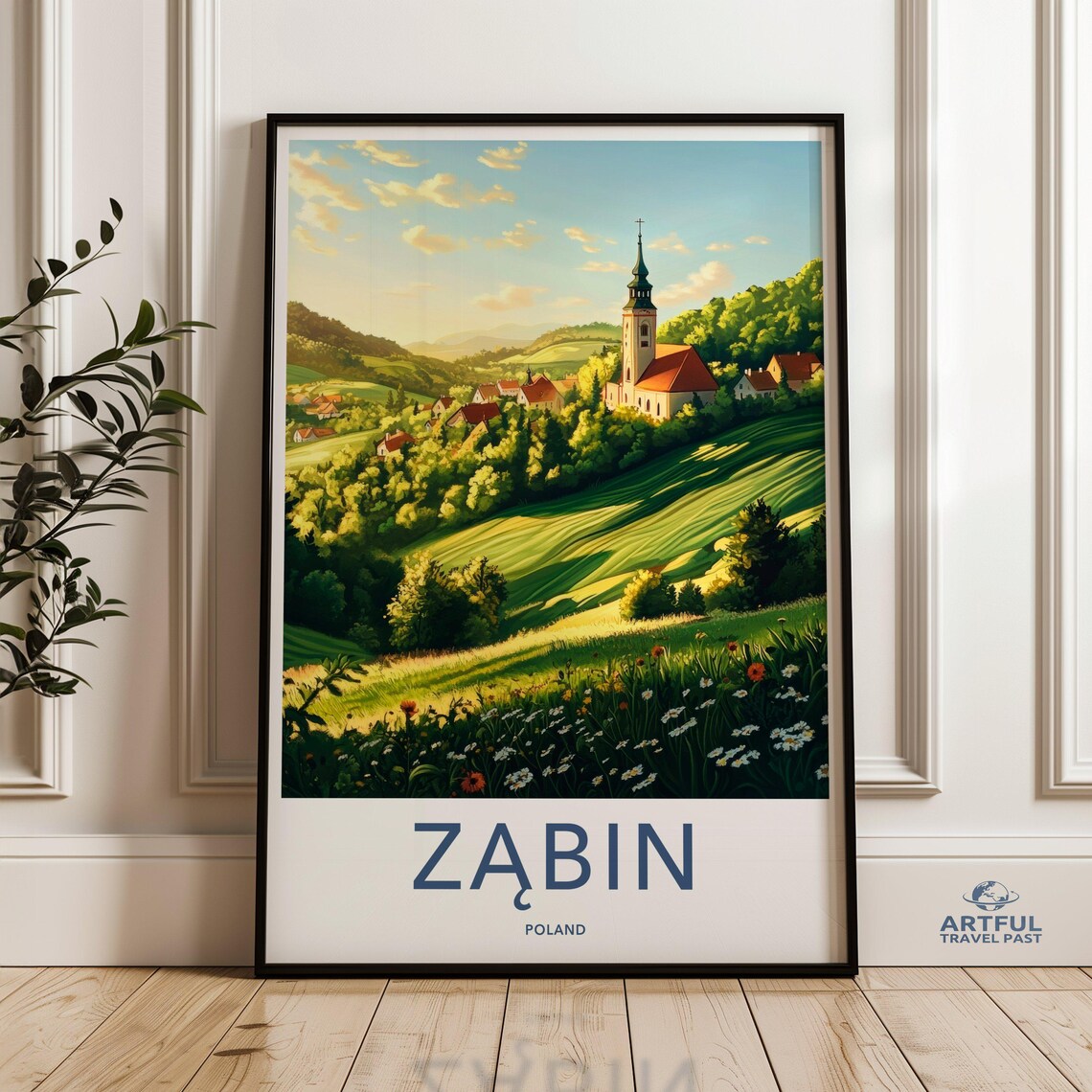 Zabin Poland Village Landscape Travel Poster With Church Fields Art