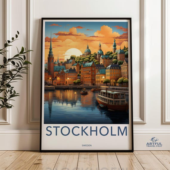 Stunning Stockholm Sunset Wall Art Scandinavian Cityscape Print Swedish Harbor View Historic Architecture Vibrant Artwork