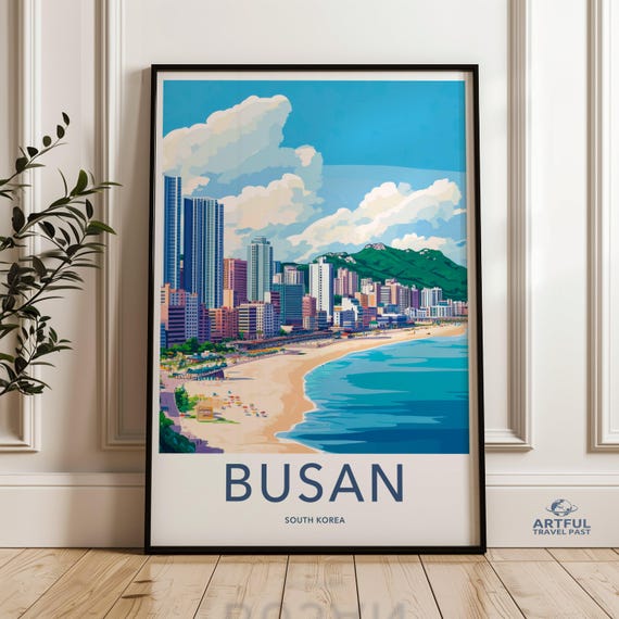 Busan South Korea City Skyline Wall Art Beach Coastal Print Modern Home Decor Vibrant Travel Poster Ocean Landscape Artwork