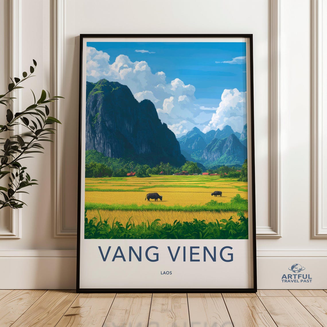 Vang Vieng Laos Karst Mountains Golden Rice Field Travel Poster