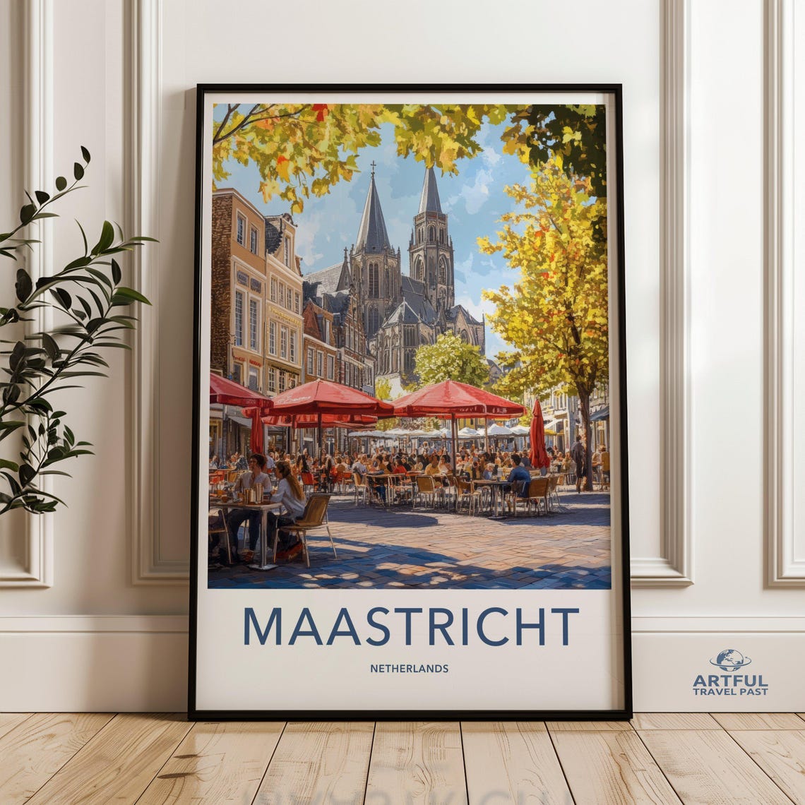 Maastricht Netherlands Historic Square Cafe Church Travel Poster