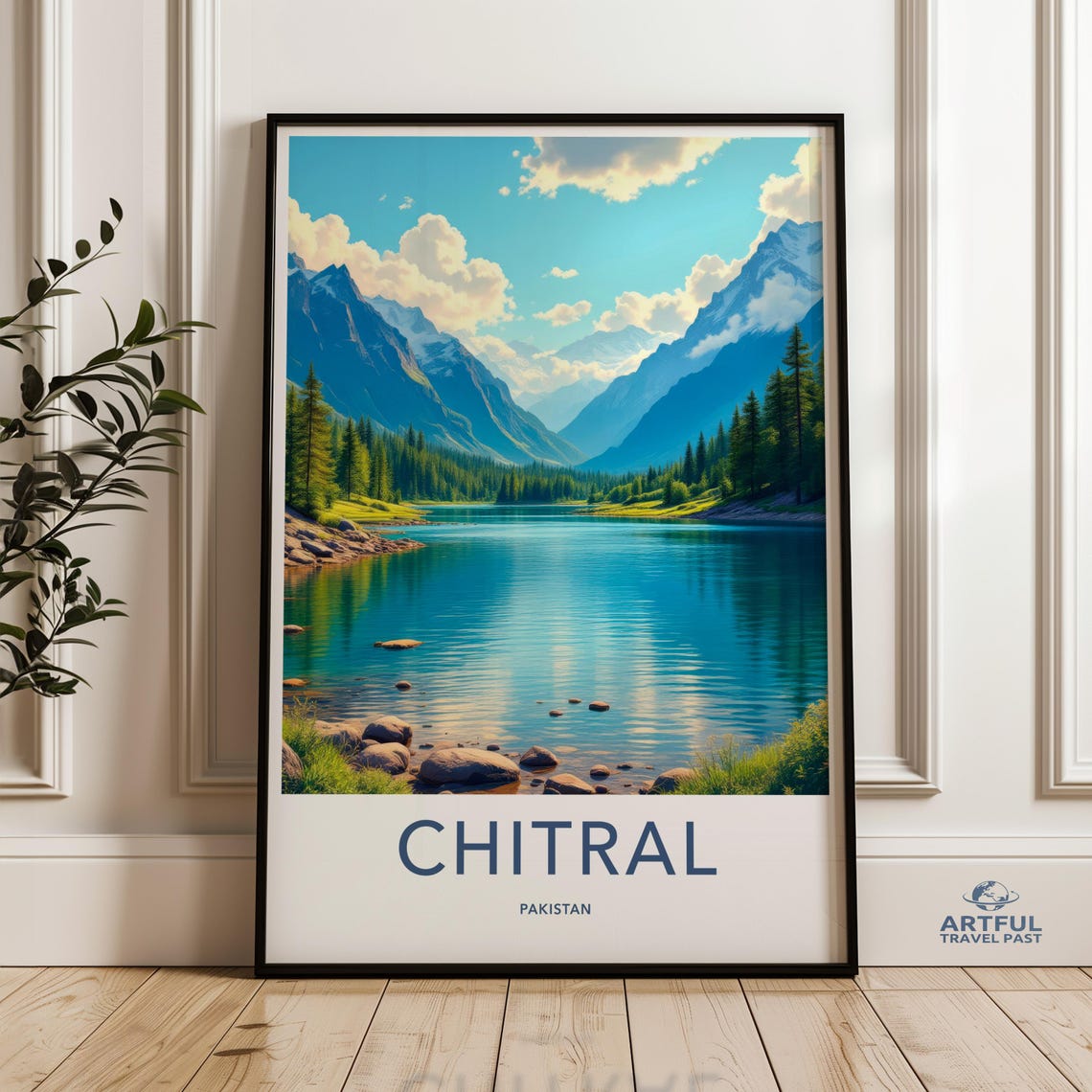 Chitral Pakistan Vintage Travel Poster Alpine Lake Snowy Peaks Scene