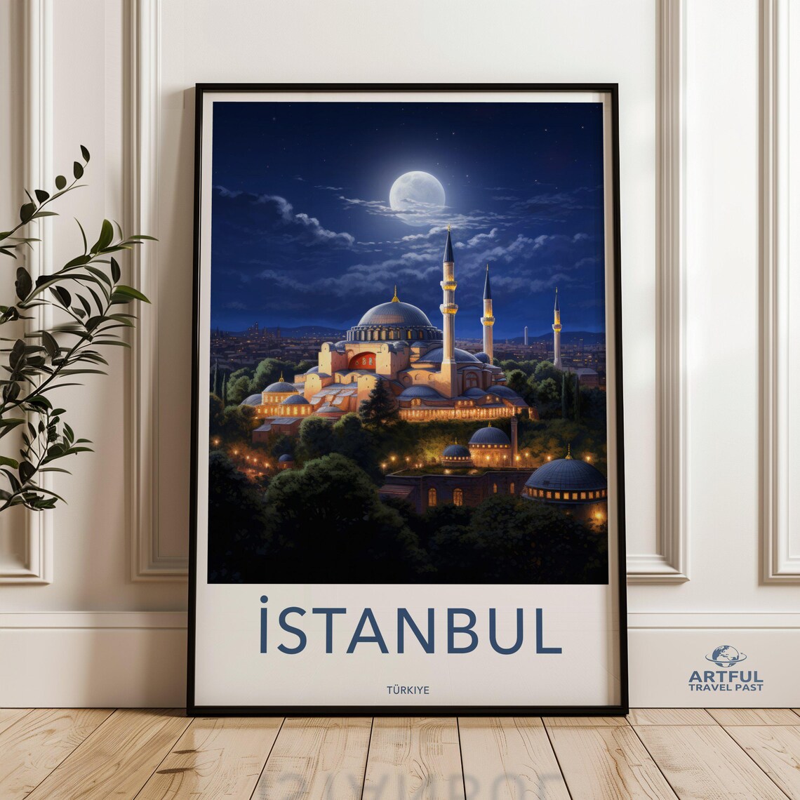 Istanbul Turkiye Hagia Sophia Moonlit Night Skyline Travel Poster