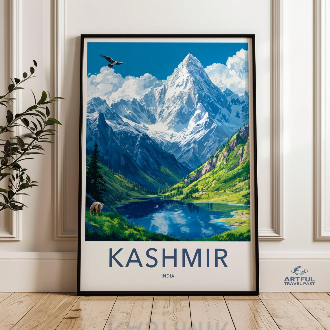 Kashmir India Travel Poster Snowy Himalayan Peaks Alpine Lake Art