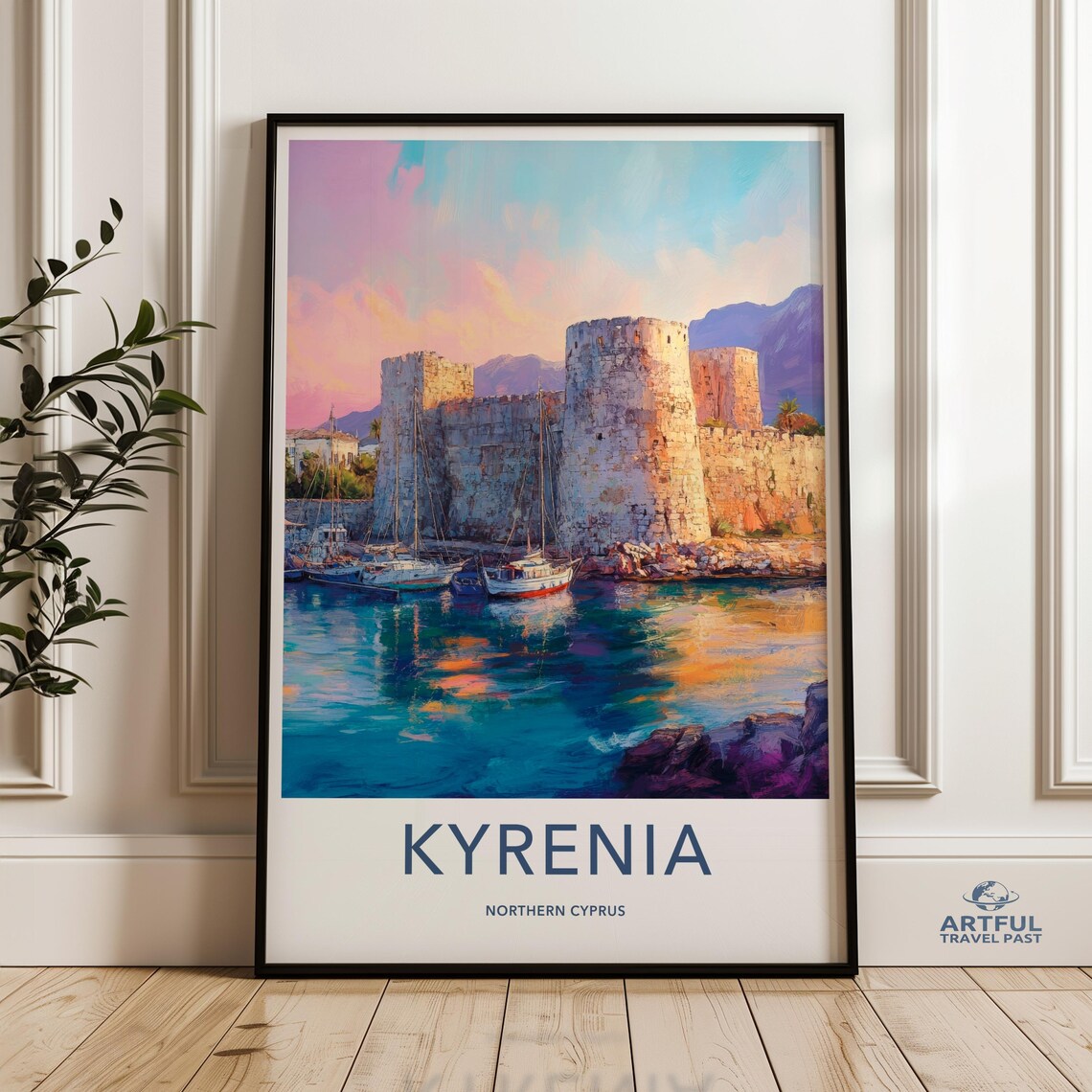 Kyrenia Northern Cyprus Historic Harbor Castle Sunset Travel Poster