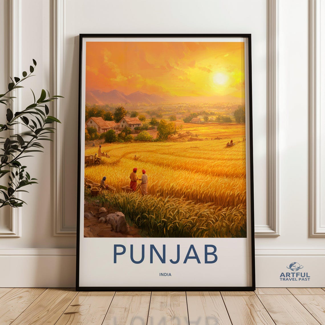 Punjab India Golden Wheat Harvest Sunset Rural Fields Travel Poster