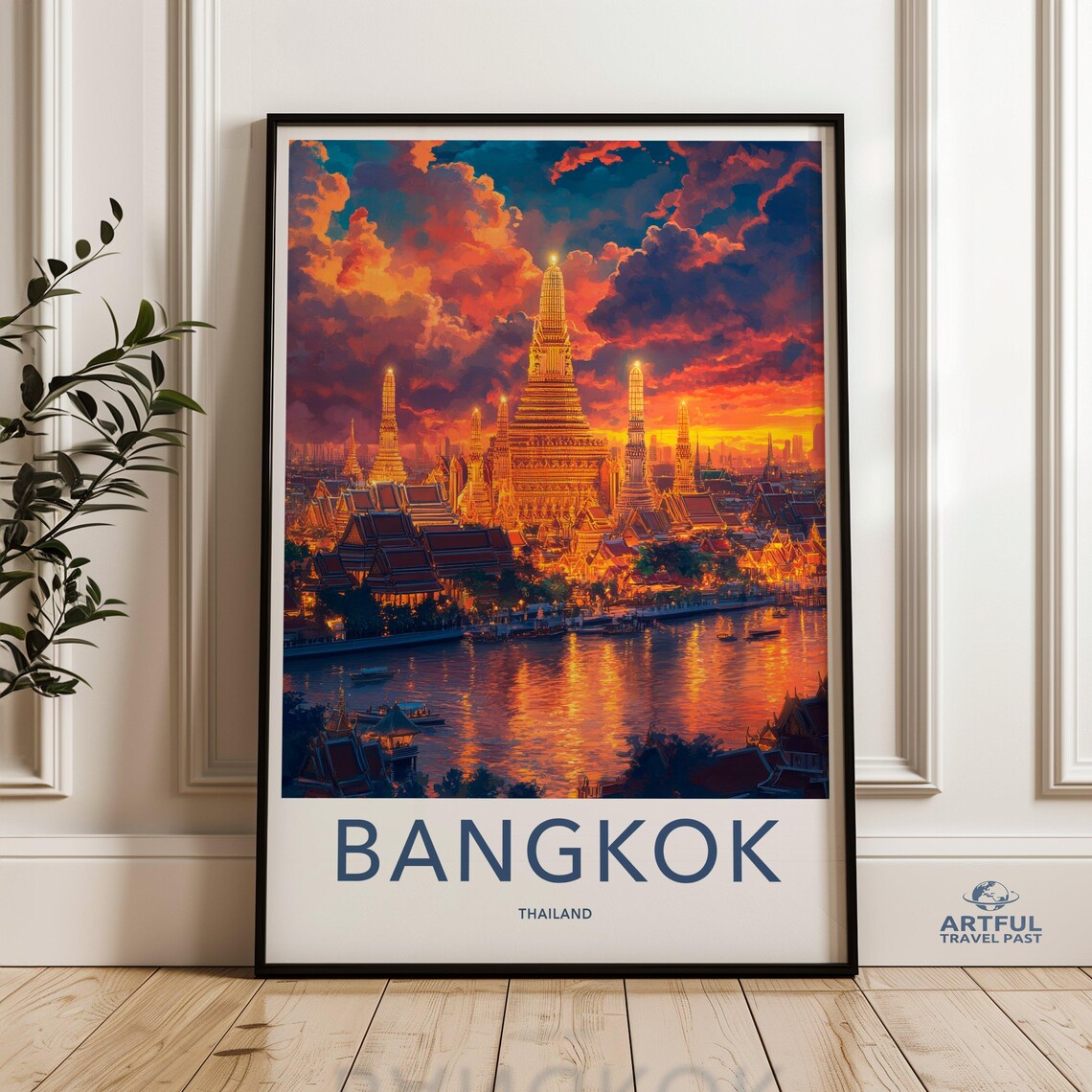 Bangkok Thailand Wat Arun Sunset Fiery Sky Riverside Travel Poster