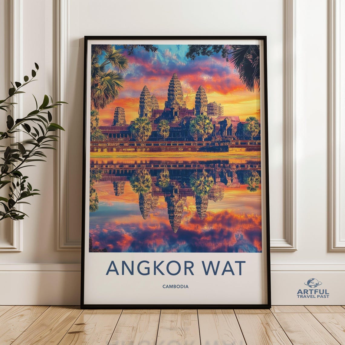 Angkor Wat Cambodia Vintage Travel Poster Temple Sunset Reflection