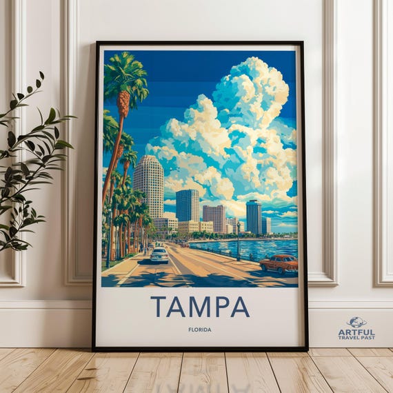 Tampa Florida Wall Art Skyline Print Cityscape Poster Travel Decor Usa Palm Trees Vintage Cars Home