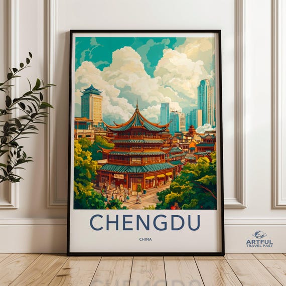 Chengdu China Cityscape Wall Art Historic Landmark Poster Vintage Style Travel Print Urban Decor Architecture Artwork