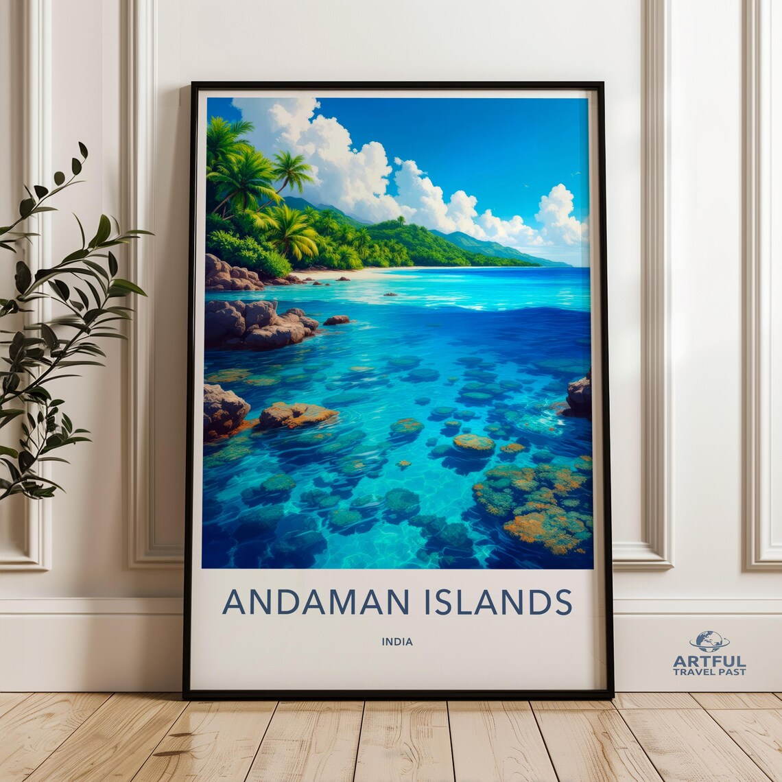 Andaman Islands India Travel Poster Crystal Clear Turquoise Sea and Palm Beach