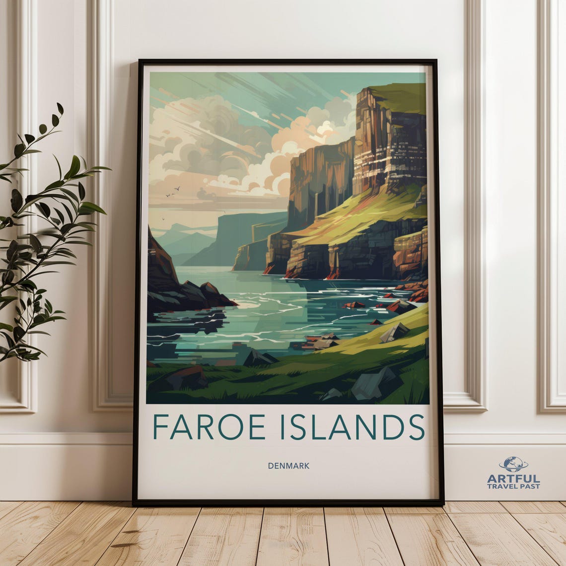 Faroe Islands Denmark Travel Poster Dramatic Sea Cliffs Nordic
