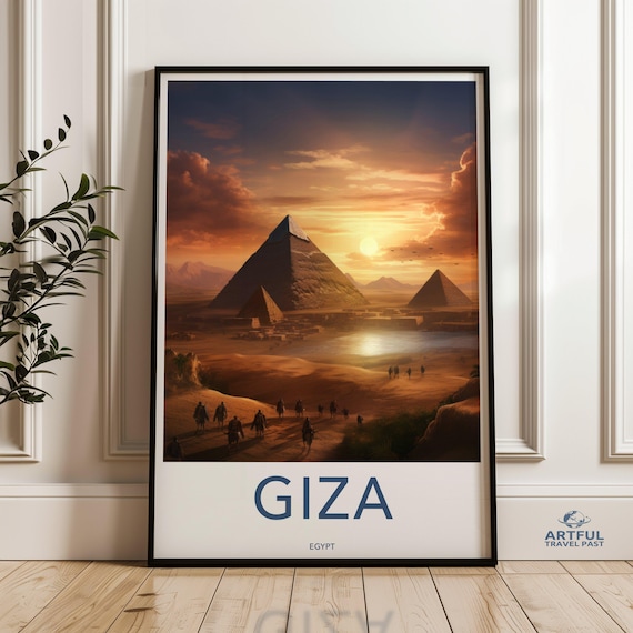 Giza Egypt Pyramids Desert Sunset with Camel Riders Travel Poster